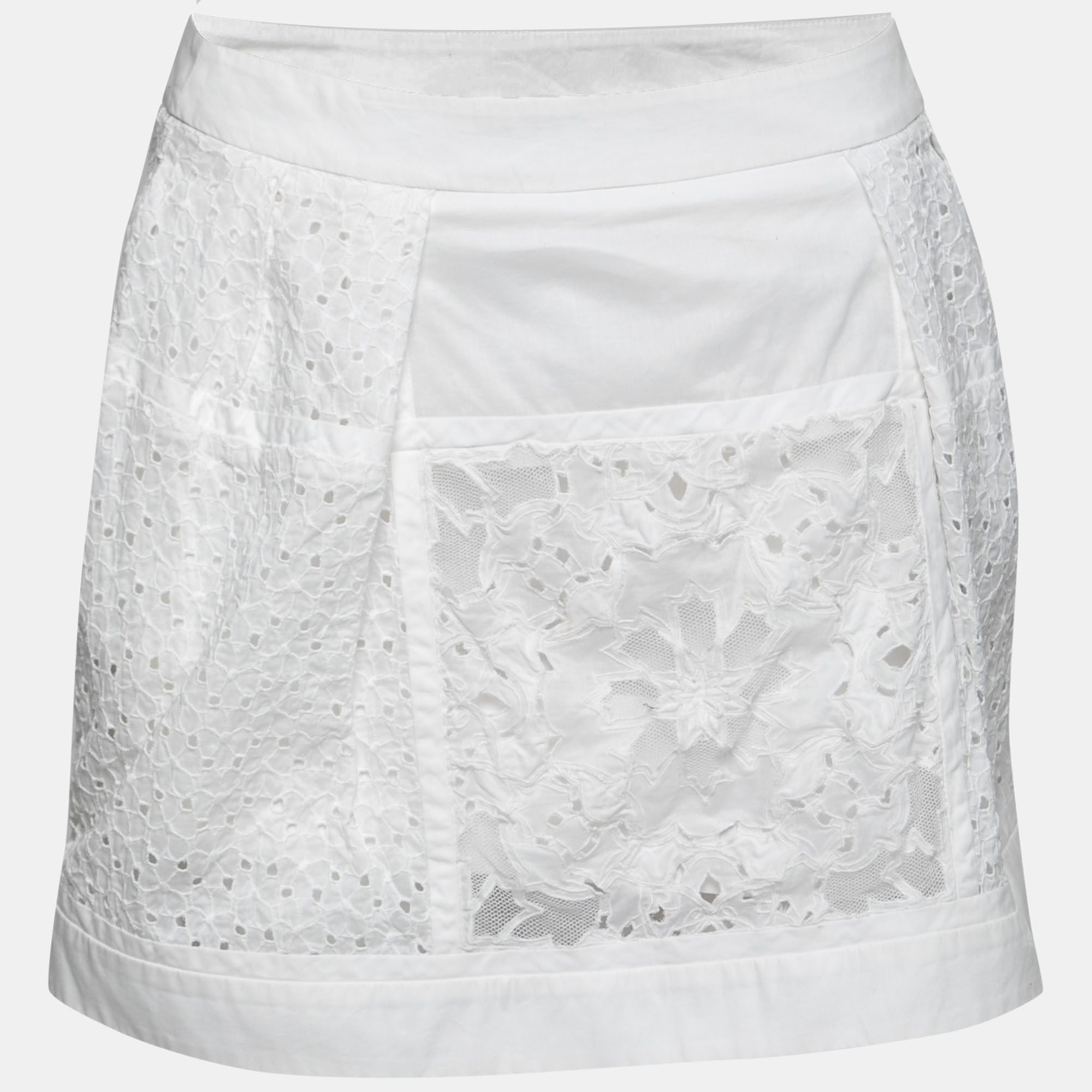 

Roberto Cavalli White Broderie Anglaise Cotton Lace Paneled Mini Skirt