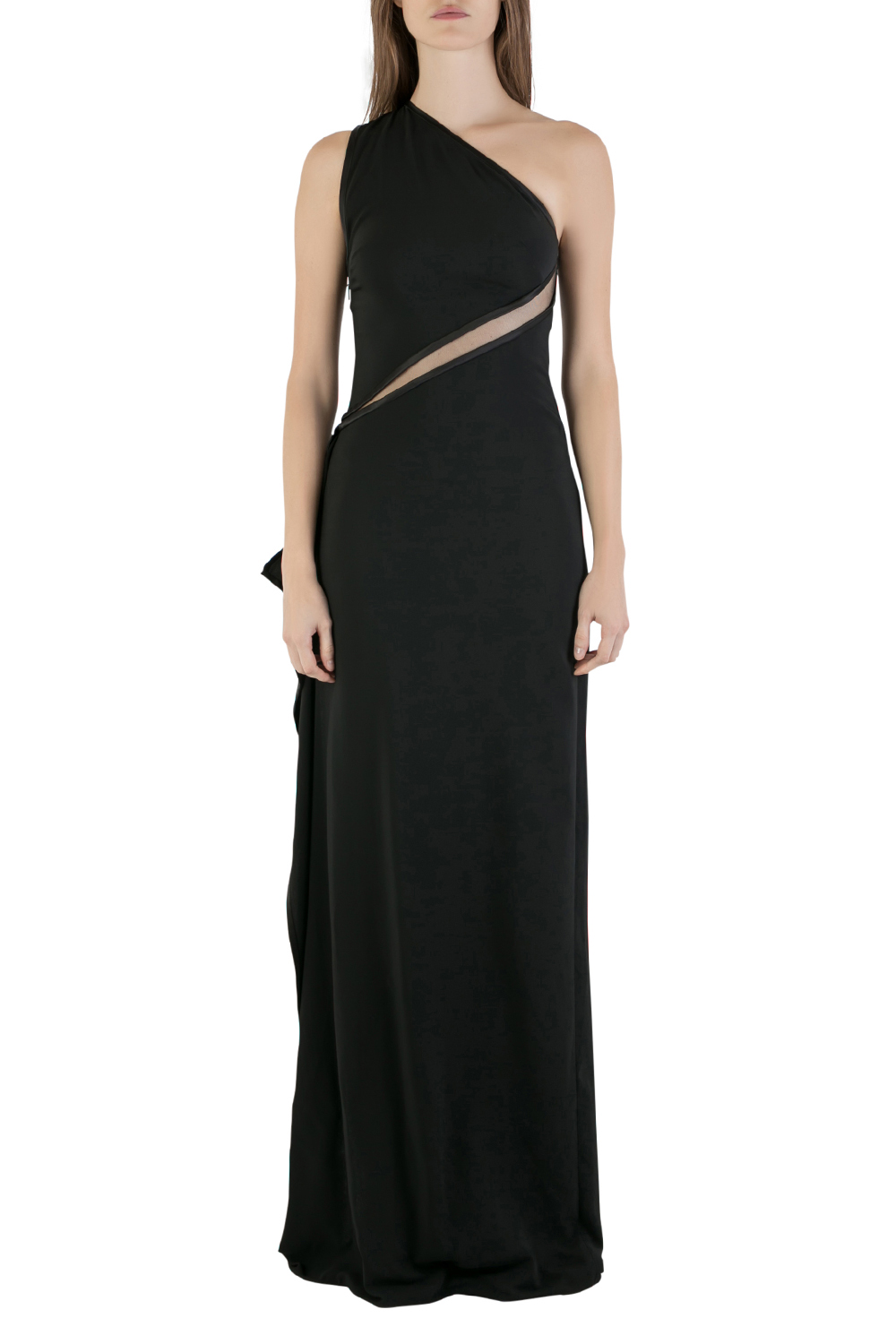 مملوكة مسبقًا فستان روبرتو كافالي كريب حواف شفافة ديرابية بكتف واحد أسود S