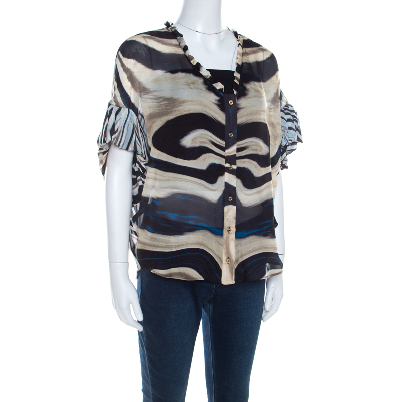 Pre-owned Roberto Cavalli Multicolor Striped Silk Batwing Sleeve Ruffled Top S