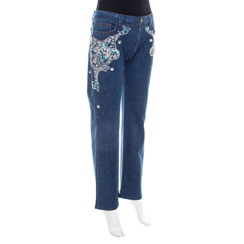 Pre-owned Roberto Cavalli Blue Crystal Embellished Denim Wide Leg Jeans L