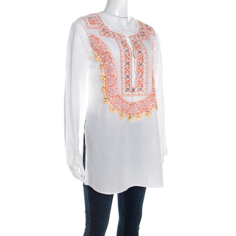 Pre-owned Roberto Cavalli White Cotton Beaded Embroidered Detail Long Sleeve Blouse S