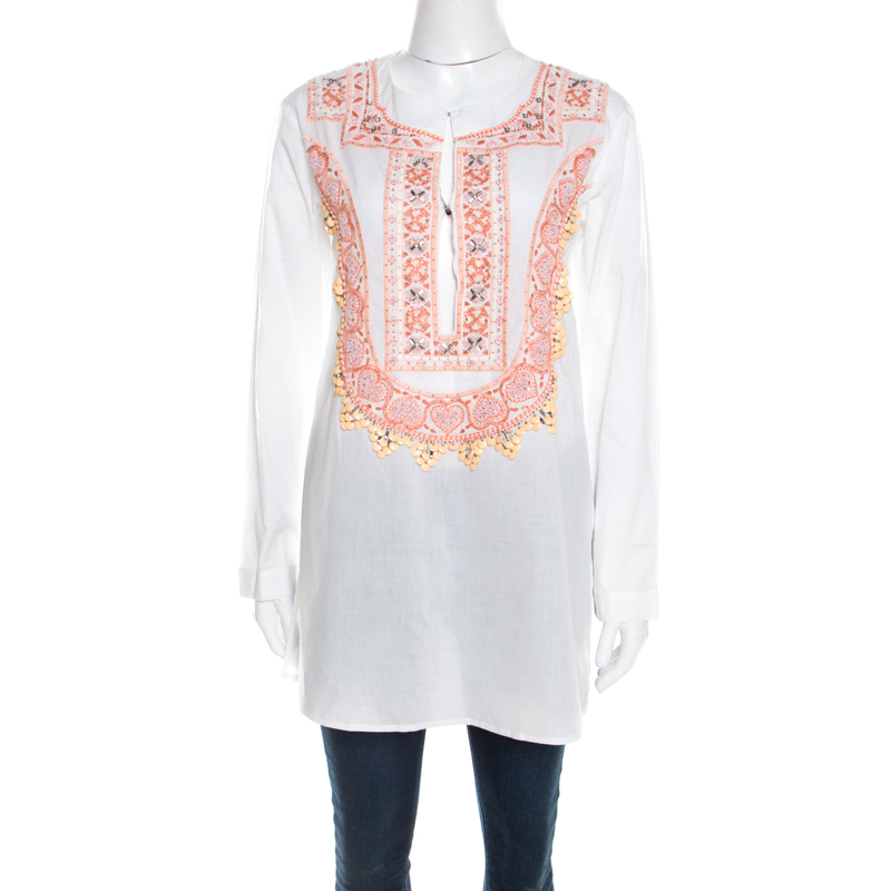 

Roberto Cavalli White Cotton Beaded Embroidered Detail Long Sleeve Blouse