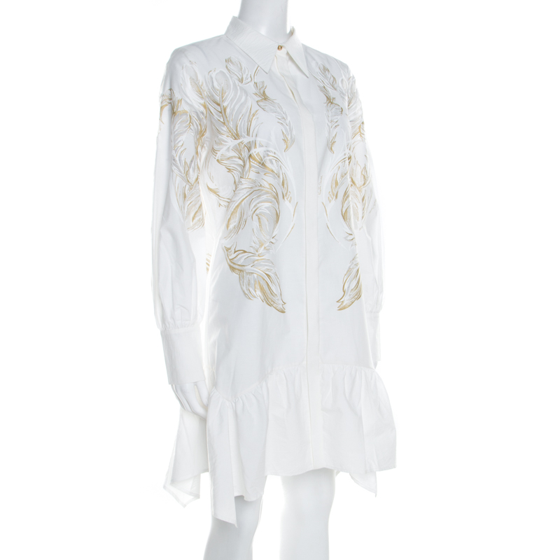 

Roberto Cavalli White Cotton Feather Print Detail Shirt Dress