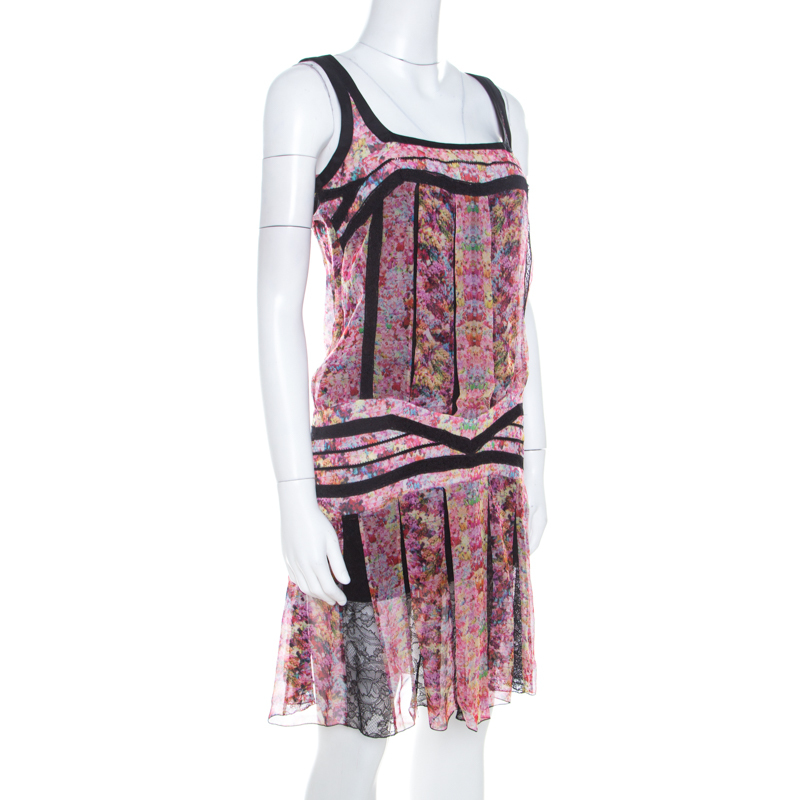 

Roberto Cavalli Pink and Black Floral Sheer Silk Lace Trim Sleeveless Shift Dress