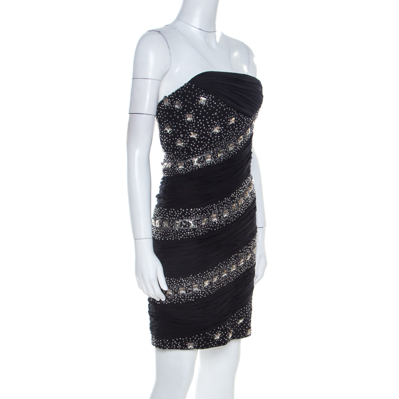 

Roberto Cavalli Black Embellished Silk Ruched Strapless Dress