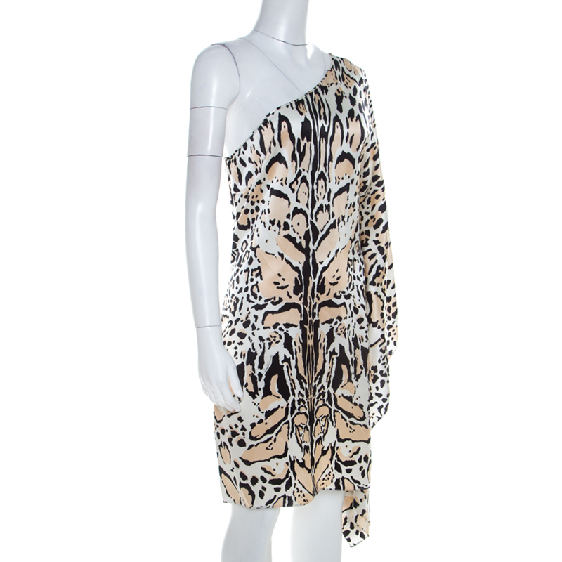 

Roberto Cavalli Multicolor Silk Animal Print One Shoulder Asymmetrical Dress