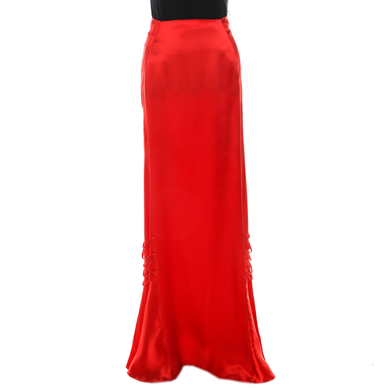 Pre Owned Roberto Cavalli Red Silk Satin Flared Maxi Skirt S