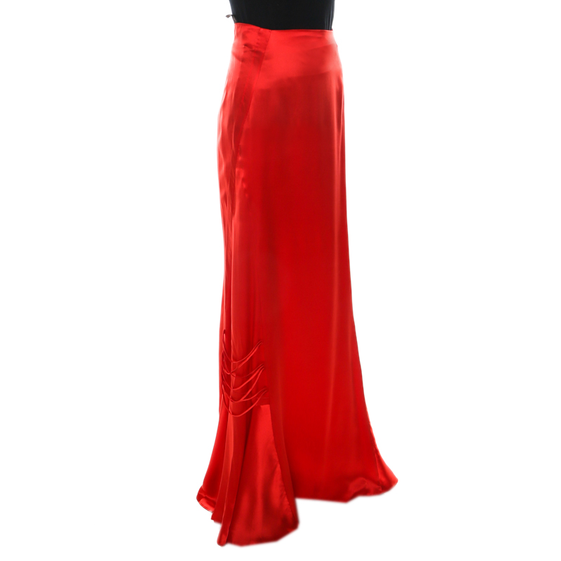 

Roberto Cavalli Red Silk Satin Flared Maxi Skirt