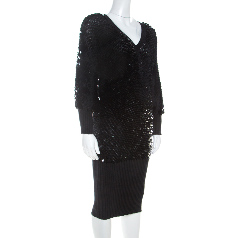 

Roberto Cavalli Black Ribbed Cashmere Sequin Paillette Embellished Sweater Dress