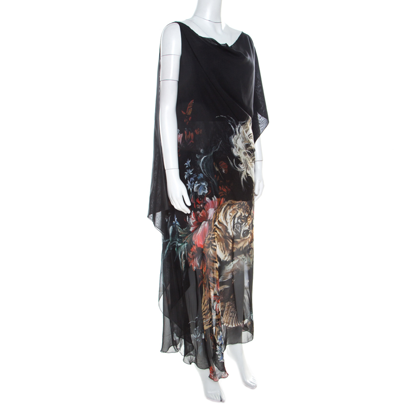 

Roberto Cavalli Black Horse and Tiger Print Silk Draped Maxi Dress