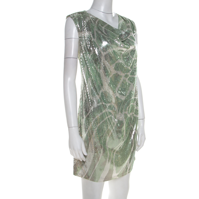 

Roberto Cavalli Green Sequined Draped Neck Sleeveless Shift Dress