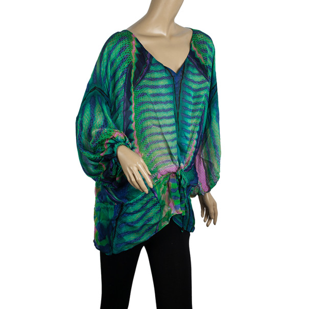 

Roberto Cavallli Green Printed Silk Kaftan Blouse