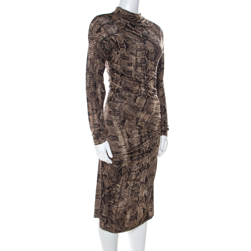 Pre-owned Roberto Cavalli Brown Snake Printed Jersey Ruched Detail Dress S