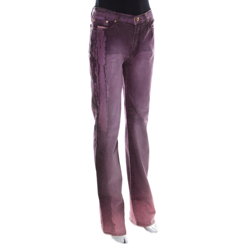 

Roberto Cavalli Bordeaux Faded Effect Denim Snakeskin Print High Waist Jeans, Purple