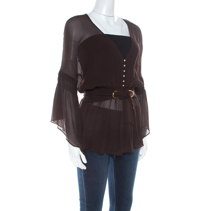 

Roberto Cavalli Brown Chiffon D-Ring Detail Elastic Waist Blouse