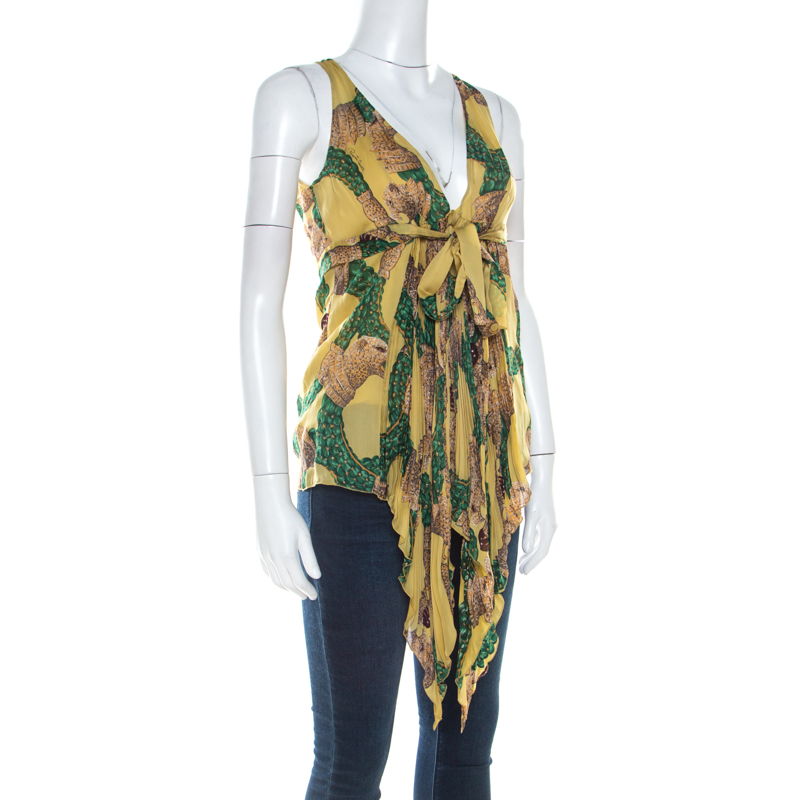

Roberto Cavalli Yellow Printed Silk Pleat Detail Asymmetric Hem Top
