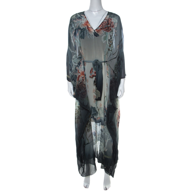 Pre Owned قفطان روبرتو كافالي ديغراديه حرير متعدد الألوان طباعة موردة S