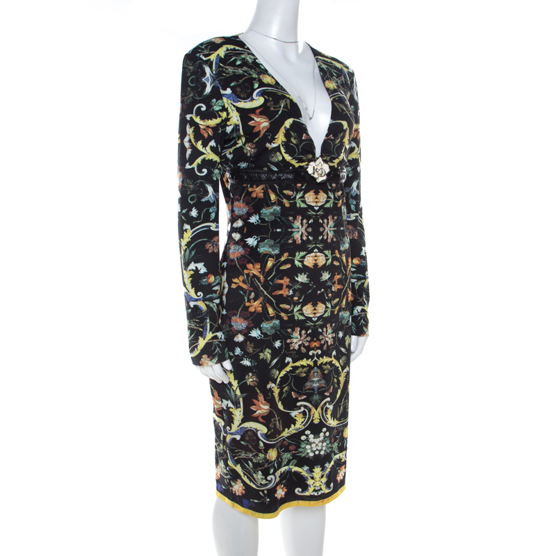 

Roberto Cavalli Multicolor Floral Printed Jersey Leather Trim Detail Midi Dress