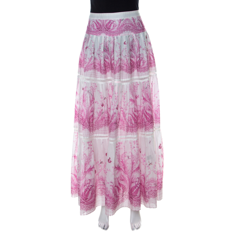 Roberto Cavalli Pink & White Floral Printed Tiered Maxi Skirt M Roberto ...