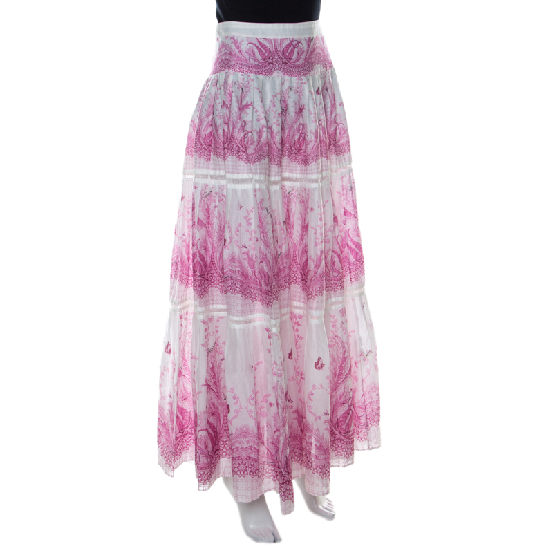

Roberto Cavalli Pink & White Floral Printed Tiered Maxi Skirt
