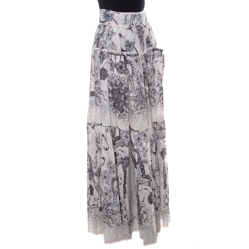 

Roberto Cavalli Cream Botanical Print Tiered Maxi Skirt