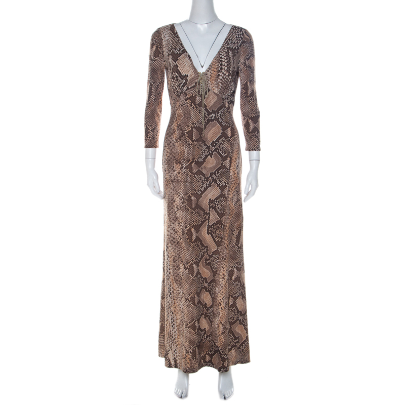 

Roberto Cavalli Brown Python Print Front Lace Detail Maxi Dress