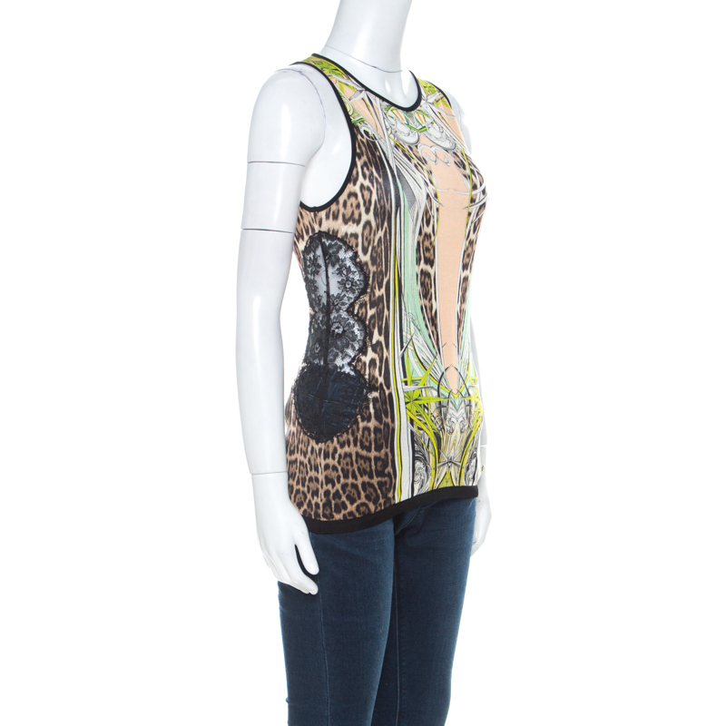 

Roberto Cavalli Multicolor Leopard & Graphic Print Silk Jersey Lace Paneled Vest