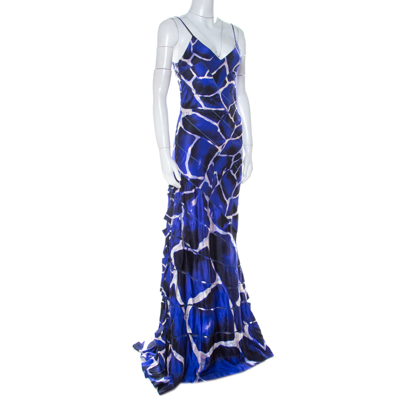 

Roberto Cavalli Blue Printed Silk Panel Stitch Detail Camisole Dress