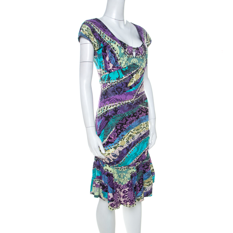 

Roberto Cavalli Multicolor Printed Jersey Ruched Peplum Hem Detail Dress