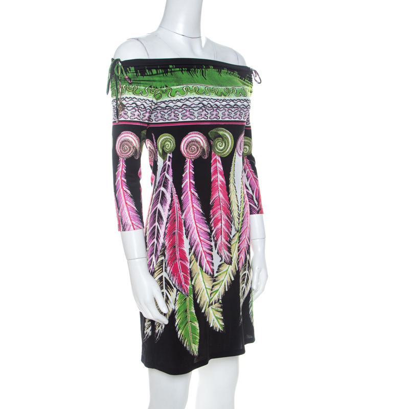 

Roberto Cavalli Multicolour Print Ruched Shoulder Charm Detail Short Dress, Multicolor