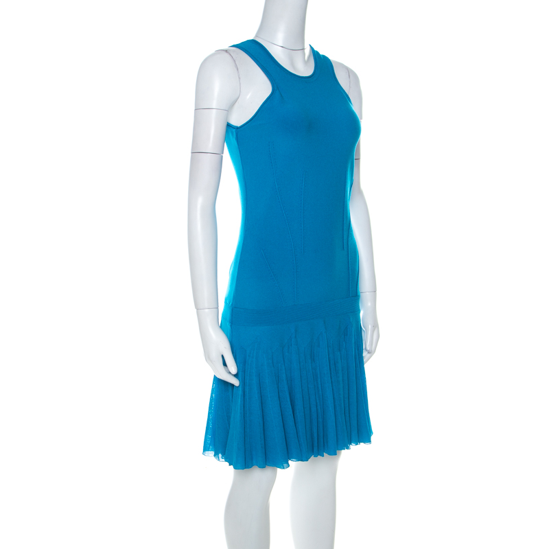 

Roberto Cavalli Bright Blue Knit Sleeveless Ruffle Hem Detail Short Dress