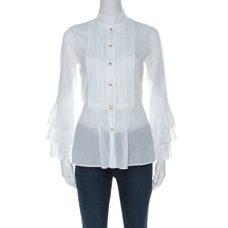 Pre Owned Roberto Cavalli White Cotton Ruffle Sleeve Detail Blouse S 