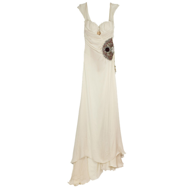 Pre Owned Roberto Cavalli Embellished Ruched Waist Gown M