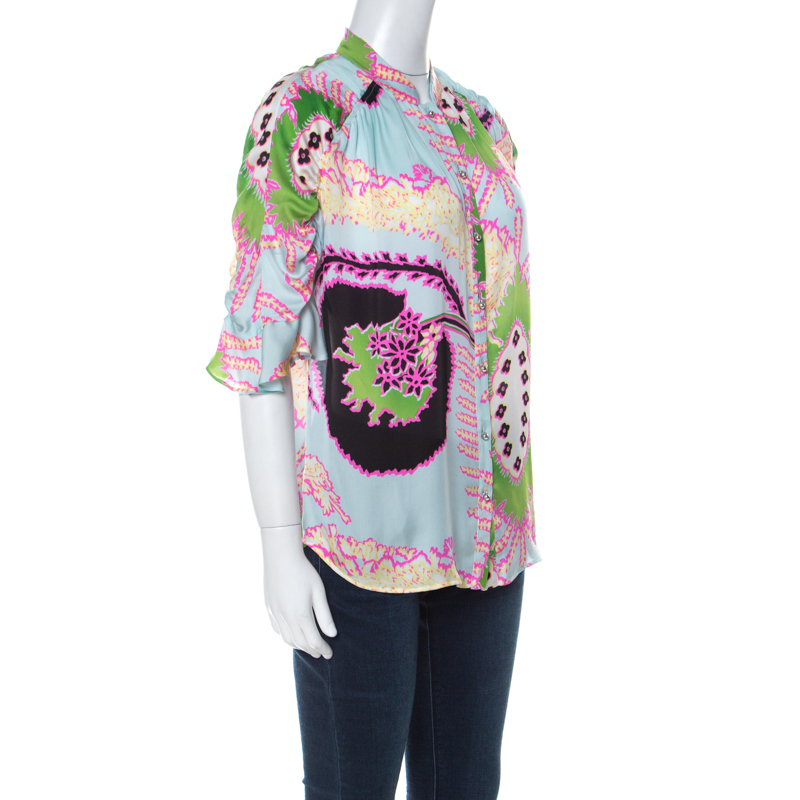 

Roberto Cavalli Multicolor Abstract Printed Silk Ruffle Sleeve Blouse