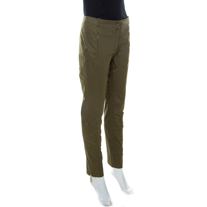 

Roberto Cavalli Olive Green Stretch Cotton Zipper Detail Tapered Pants