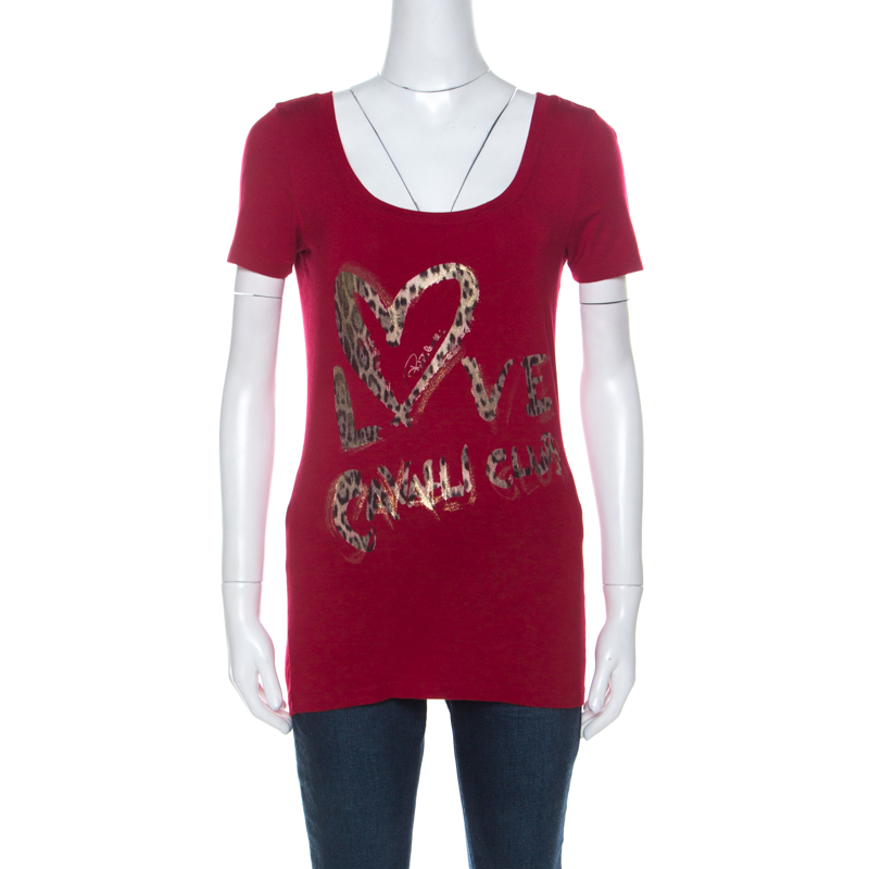 Pre Owned Roberto Cavalli Red Jersey Love Cavalli Club Metallic Print T Shirt M