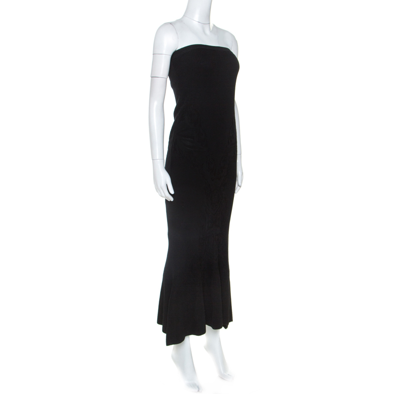 

Roberto Cavalli Black Baroque Pattern Rib Knit Wool Blend Strapless Dress