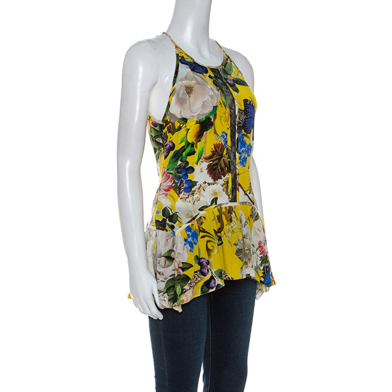 Pre-owned Roberto Cavalli Yellow Printed Silk Lace Detail Halter Top M