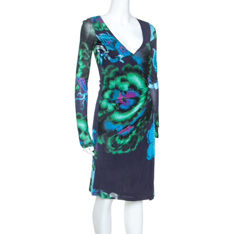 

Roberto Cavalli Multicolor Floral Print Stretch Snake Wrap Dress