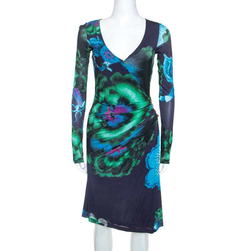 Pre Owned Roberto Cavalli Multicolor Floral Print Stretch Snake Wrap Dress S