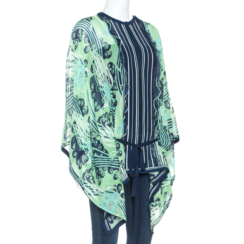 

Roberto Cavalli Green and Navy Printed Silk Belted Kimono Top