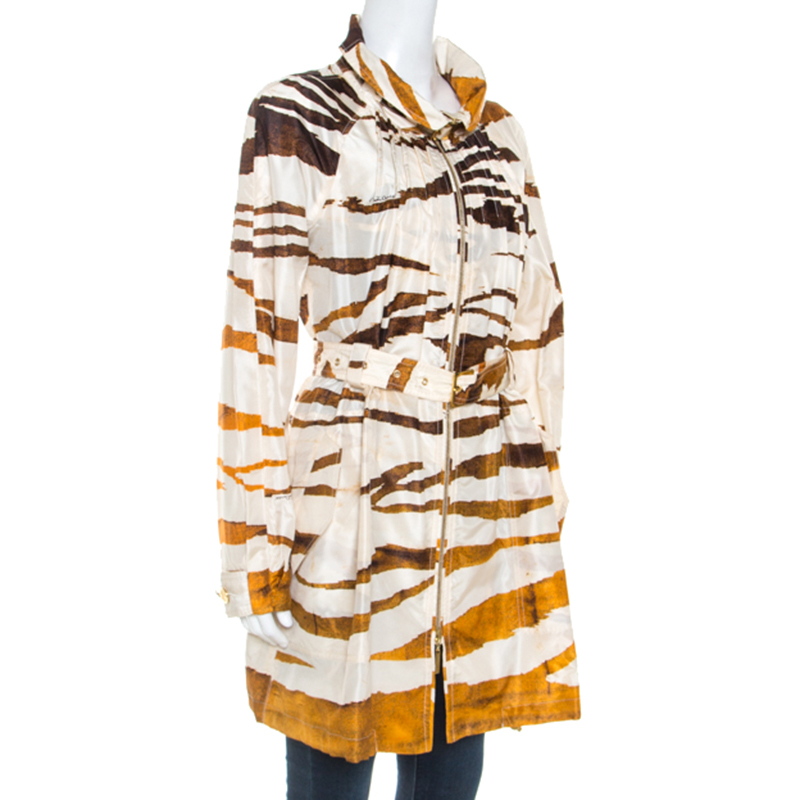 

Roberto Cavalli Cream Tiger Stripe Print Light Trench Coat