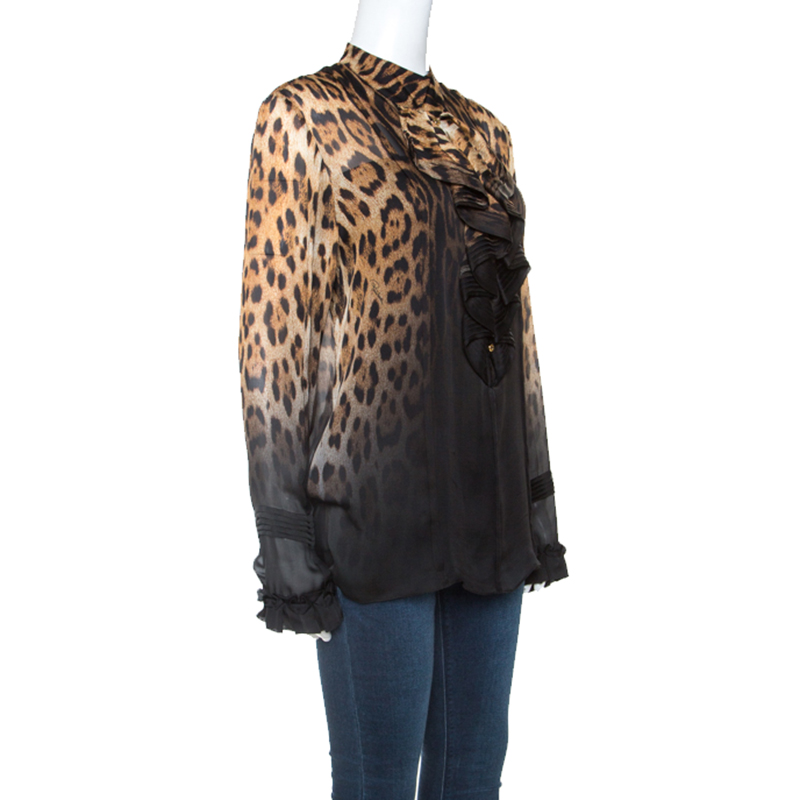 

Roberto Cavalli Bicolor Leopard Print Silk Ruffle Detail Blouse, Black