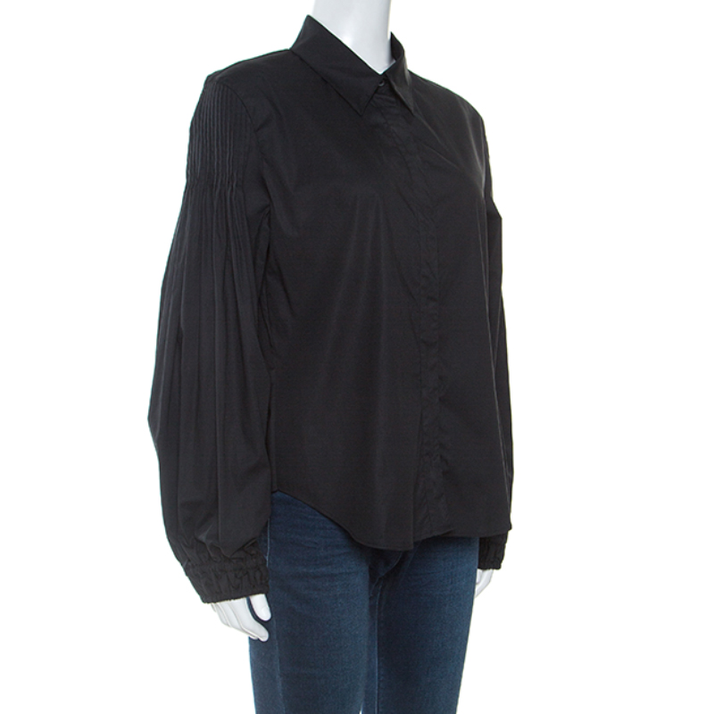

Roberto Cavalli Black Cotton Pleated Sleeve Detail Button Front Shirt