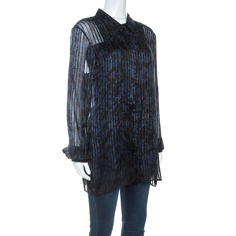 

Roberto Cavalli Black Burnout Printed Silk Button Front Shirt