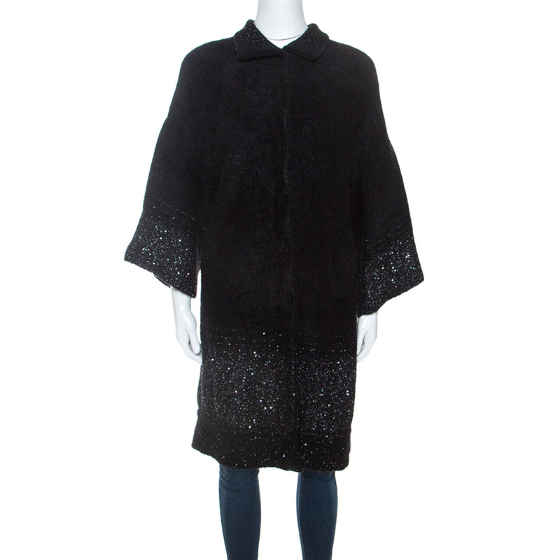 Pre Owned Roberto Cavalli Dark Grey Mohair Blend Sequinned Cardigan L