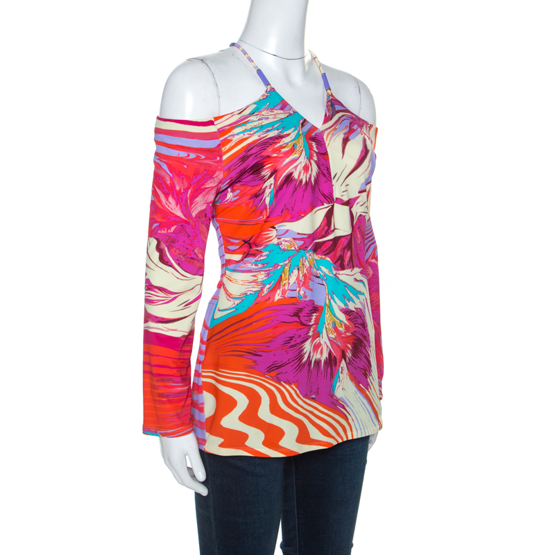 

Roberto Cavalli Multicolor Abstract Print Stretch Knit Cold Shoulder Top
