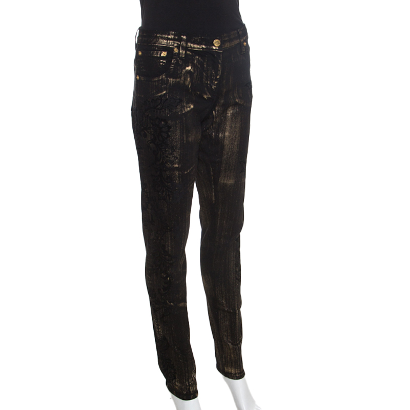 

Roberto Cavalli Black Metallic Detail Flock Print Denim Straight Fit Jeans