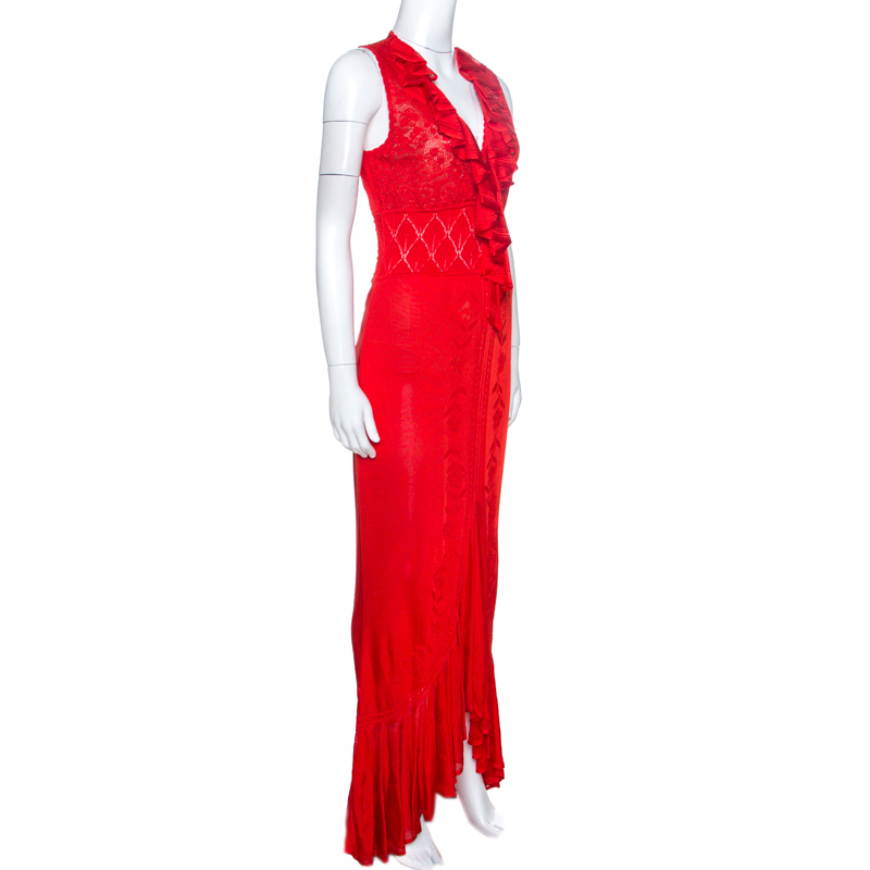 

Roberto Cavalli Red Pointelle Knit Ruffle Trim Maxi Dress