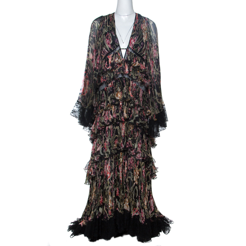 Roberto Cavalli Black Floral Print Silk Tiered Plisse Lace Trim Maxi ...